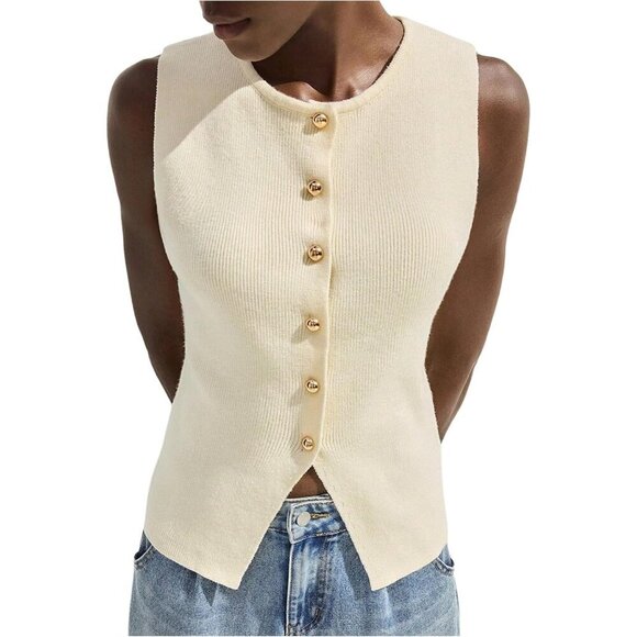 Tops - Women's Knit Vest Top Sleeveless Button Down Vintage Old Money Style